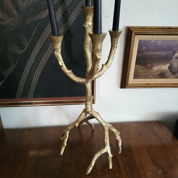 Gold Metal Faux Bois Candle Holder, Gold Branch Candelabra, Farmhouse,  20" Tall - Picture 2 of 4